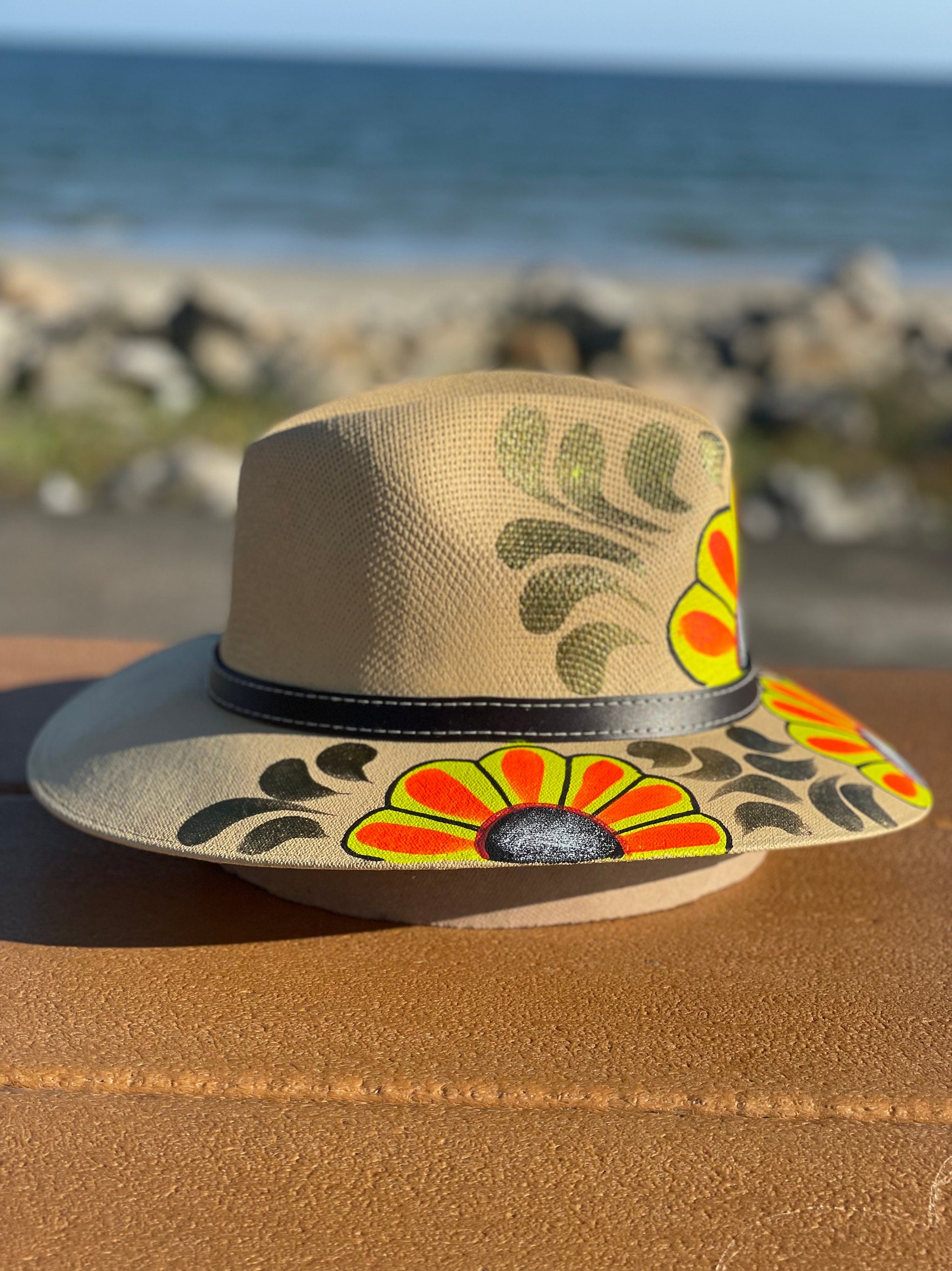 Hand Painted Hat With Pink Flowers. Mexican Floral Hat. hotsell Artisanal Mexican Sombrero. Beach Hat